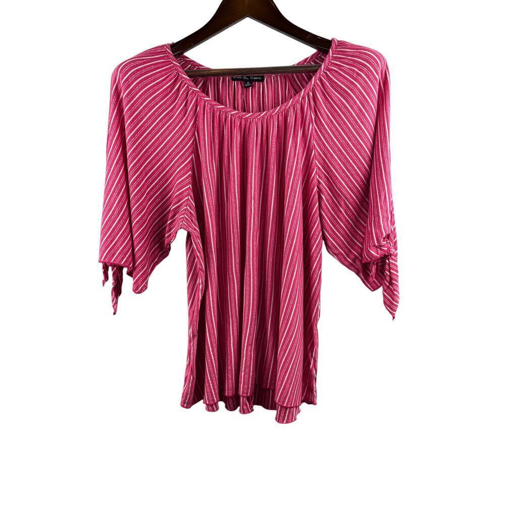 Women’s Kim & Cami Medium Pink 3/4 Sleeve Blouse w/ White Stripes